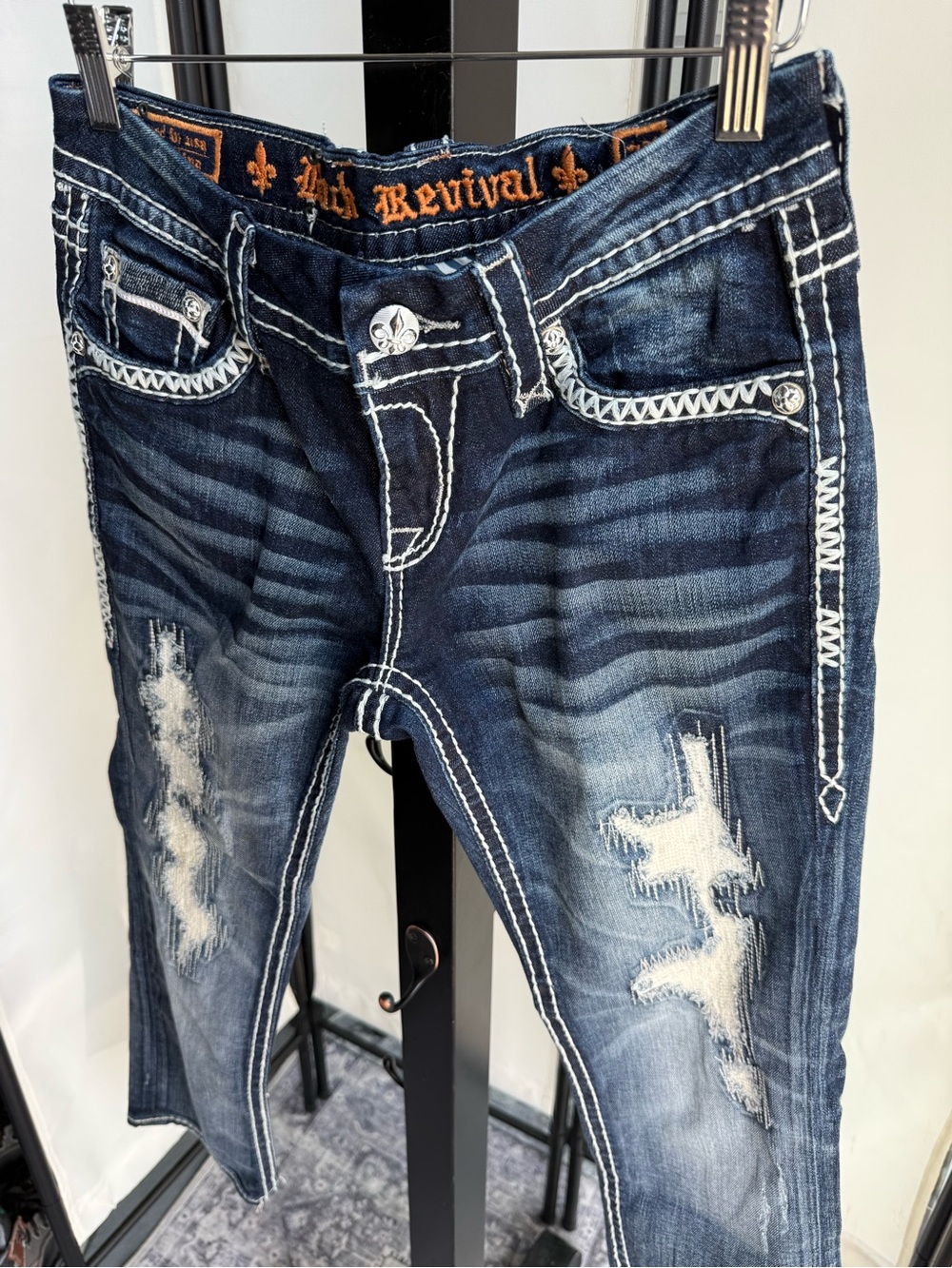 Rock Revival Dark Blue Distressed Slim Straight Jeans